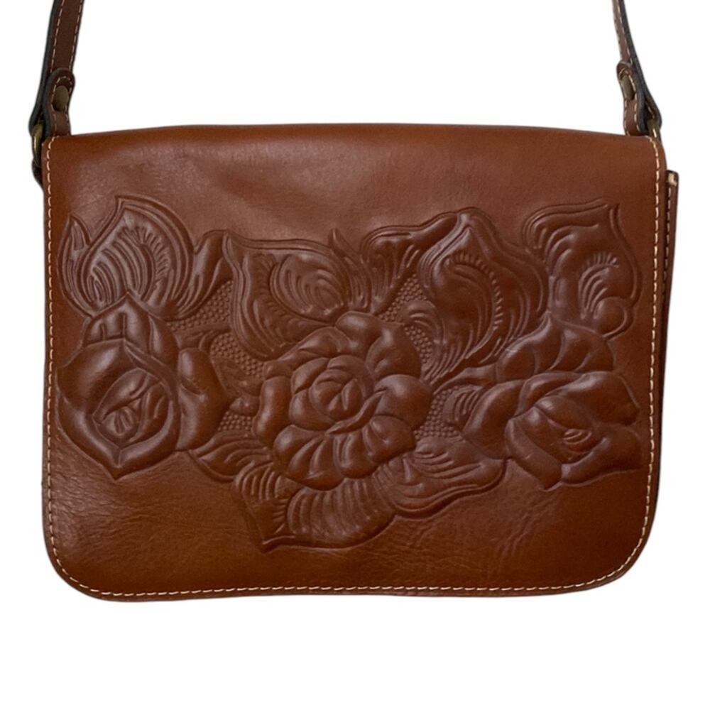Patricia Nash Brown Italian Leather Embossed Floral Crossbody Bag